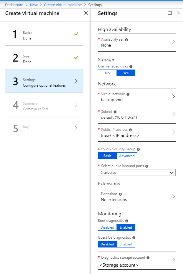 The "Dashboard > New > Create virtual machine > Settings" dialog box shows the settings to be used to create the virtual machine.