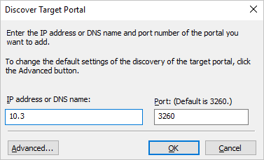 The Discover Target Portal windows shows 10.33.131.15 in the "IP address or DNS name:" text box, and 3260 (the default) in the Port text box. There is an Advanced button.