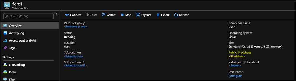 The forti1 virtual machine Overview page show values for forti1, such as the "Resource group" and Status.