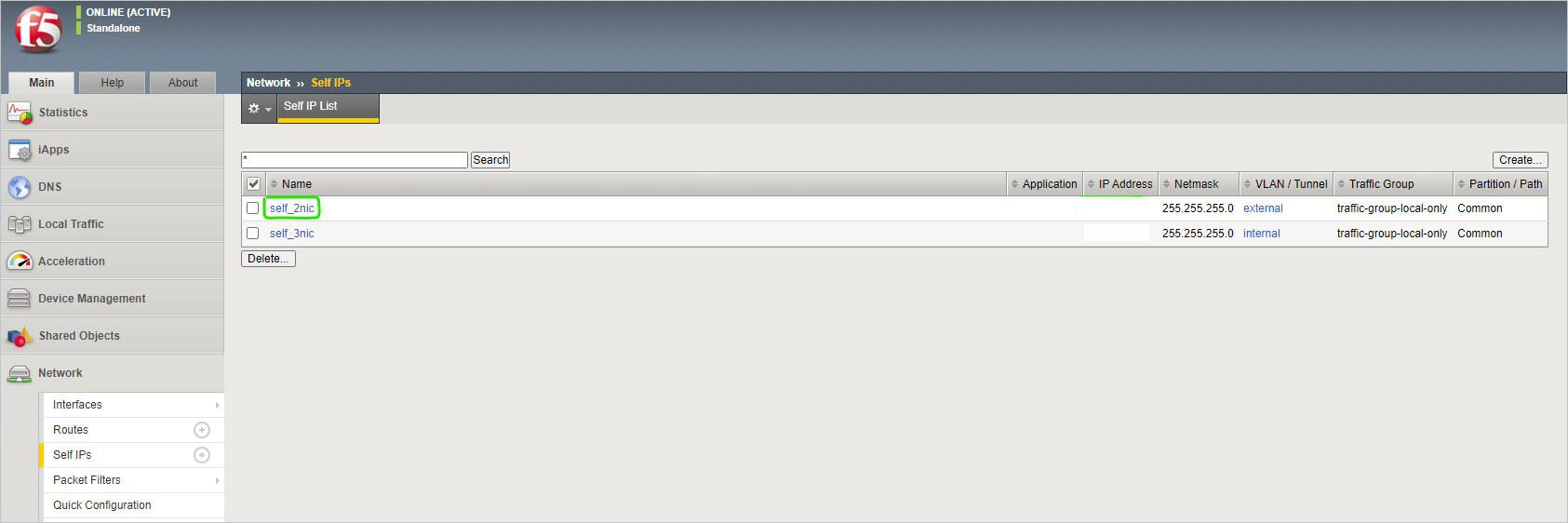 The left pane provides the ability to navigate to show Self IPs. The right pane is titled "Network >> Self IPs". Two Self IPs are listed, and the first, self_2nic, is highlighted.