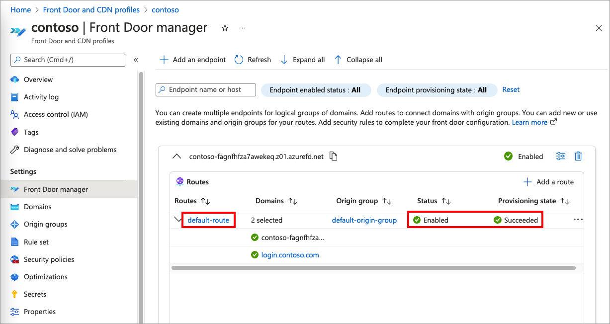 Screenshot of the Front Door manager page from the Azure portal with the default route, Status, and Provisioning state items highlighted.