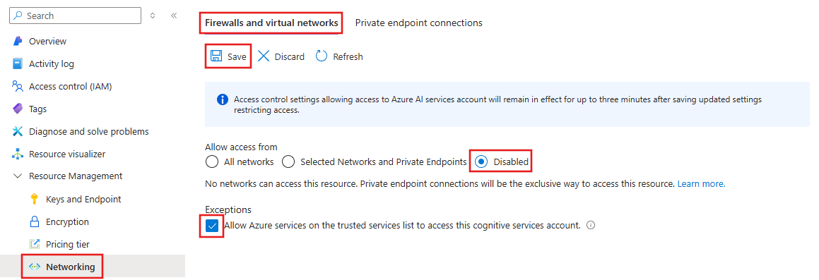 Screenshot of AI services with public network access disabled.