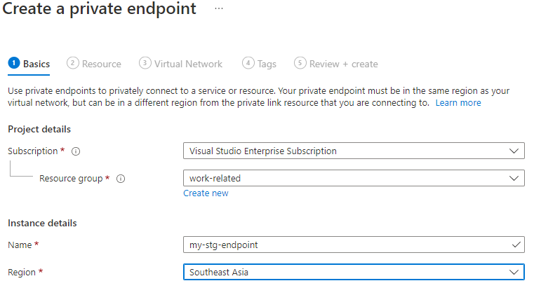 Screenshot showing how to create a private endpoint.