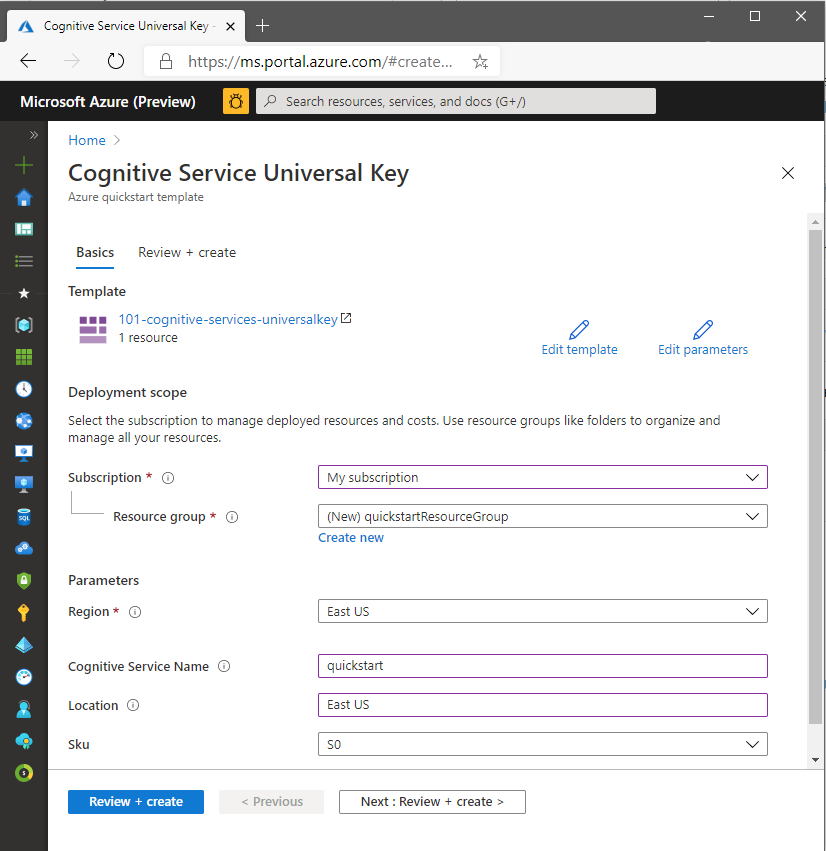 Screenshot that shows the pane for resource creation.