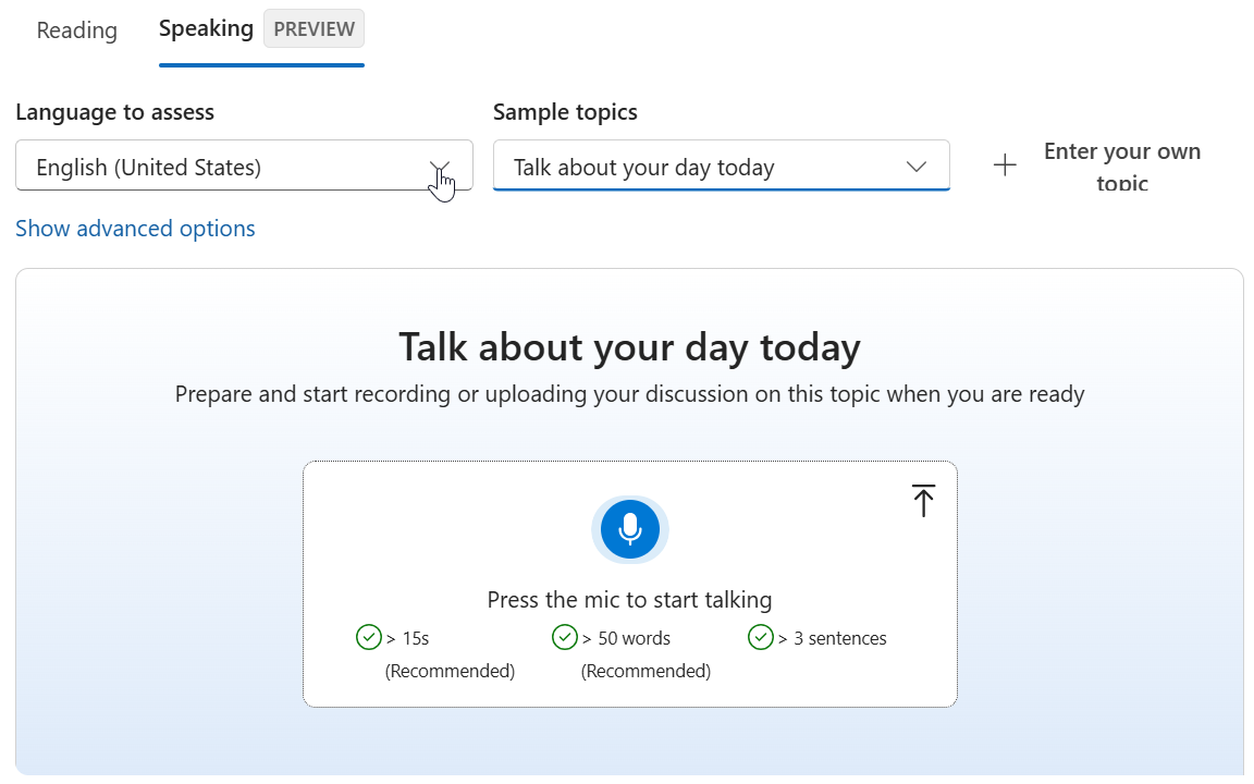 Screenshot of choosing a supported language on speaking tab that you want to evaluate the pronunciation.