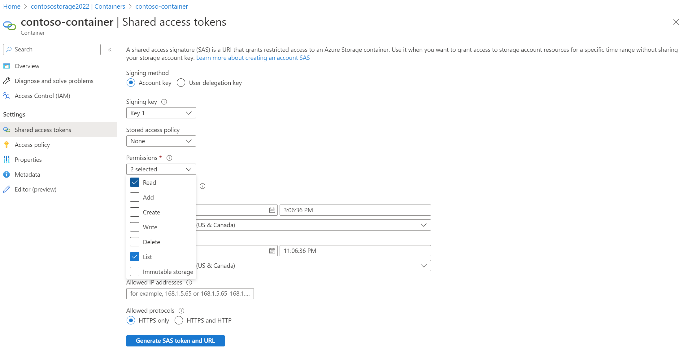 Screenshot of the container SAS URI permissions.