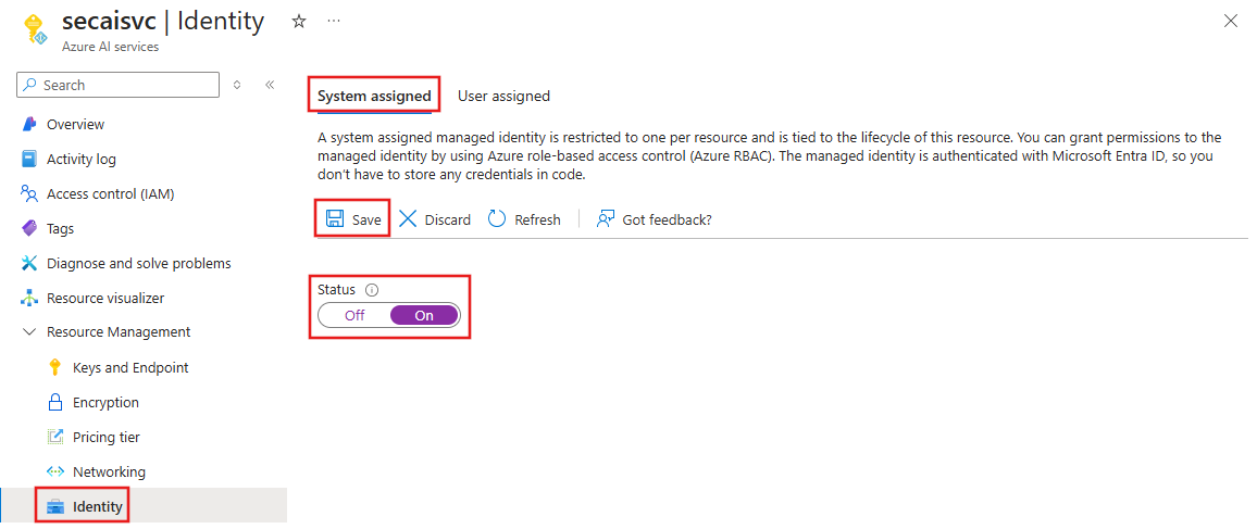 Screenshot of setting the status of managed identity to on.
