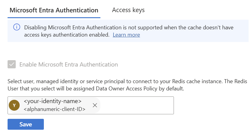 Screenshot that shows the field where you can select a managed identity to add as a Redis user.