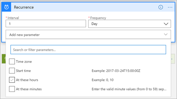 Screenshot that shows the "Recurrence" section with the "At these hours" parameter selected.