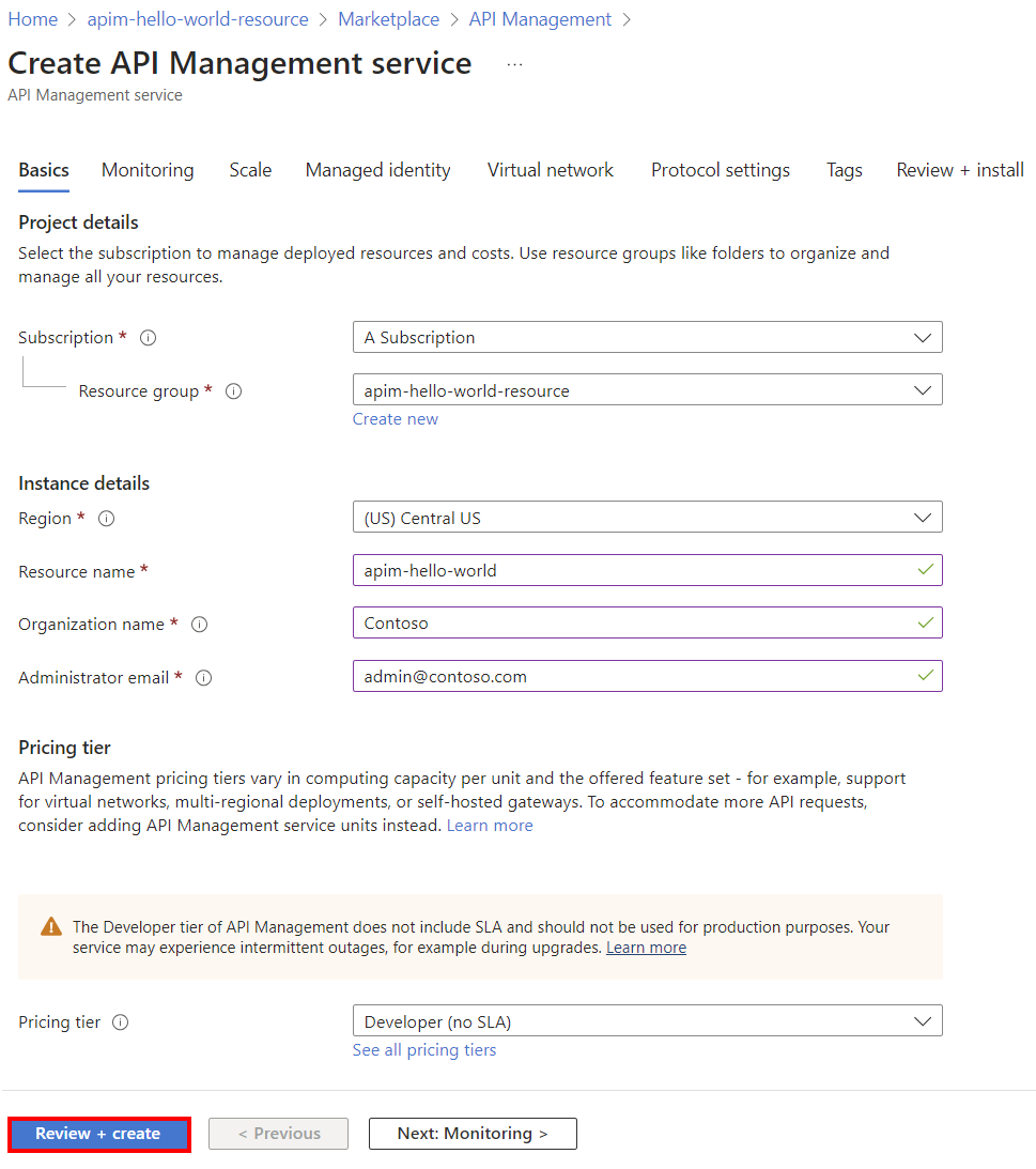 Create API Management instance.