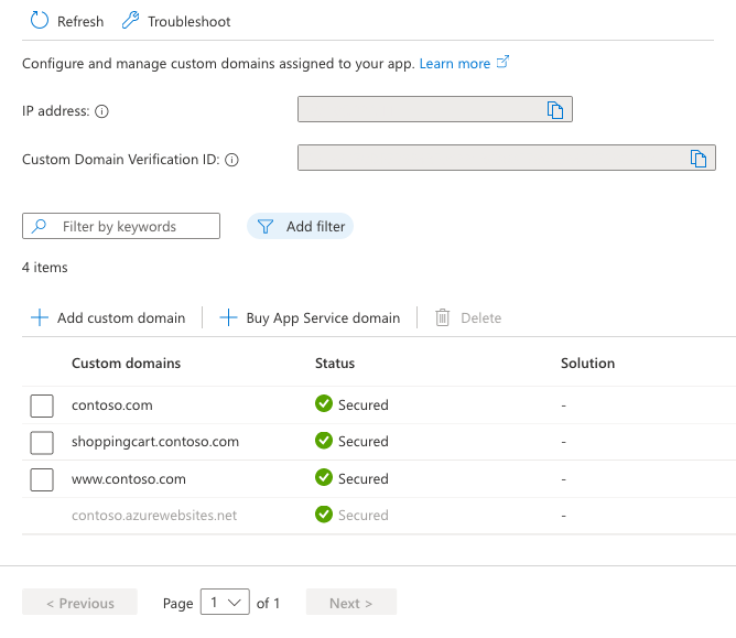 A screenshot showing the custom domains page with the new secured custom domain.