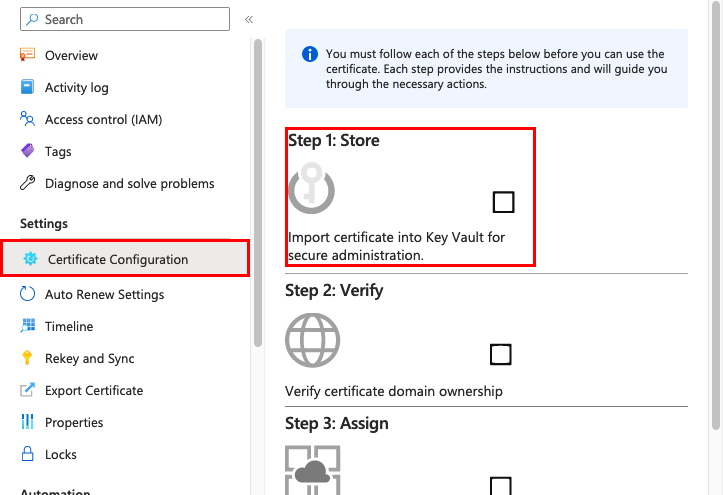 Screenshot of the Certificate Configuration pane with 'Step 1: Store' selected.