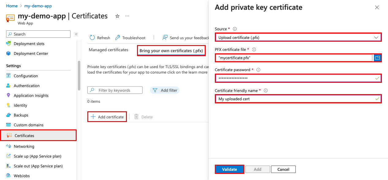 Screenshot of the app management page with 'Certificates', 'Bring your own certificates (.pfx)', and 'Upload Certificate' selected.