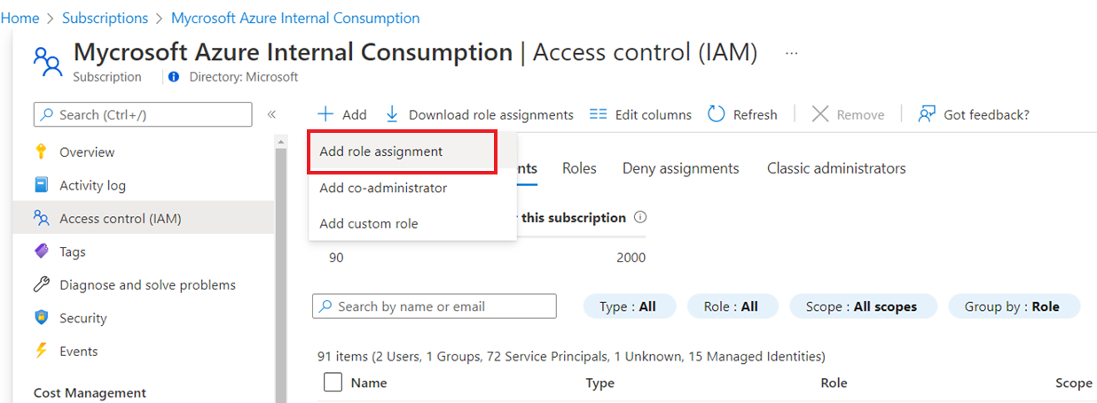 Screenshot of how to select managed identities.