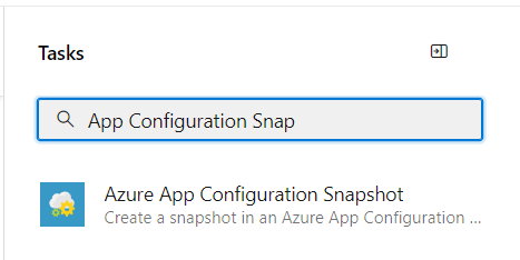 Screenshot shows the Add Task dialog with Azure App Configuration snapshot in search box.