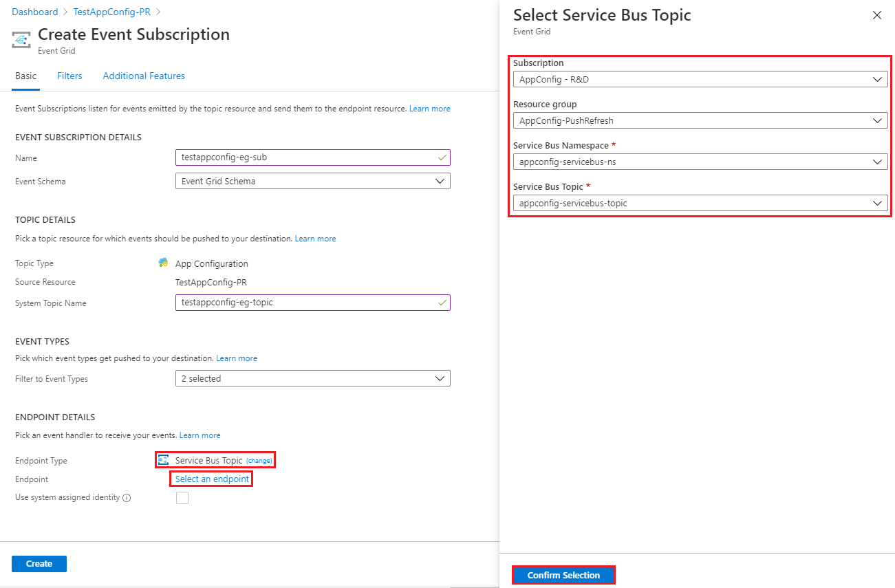 Event subscription service bus endpoint