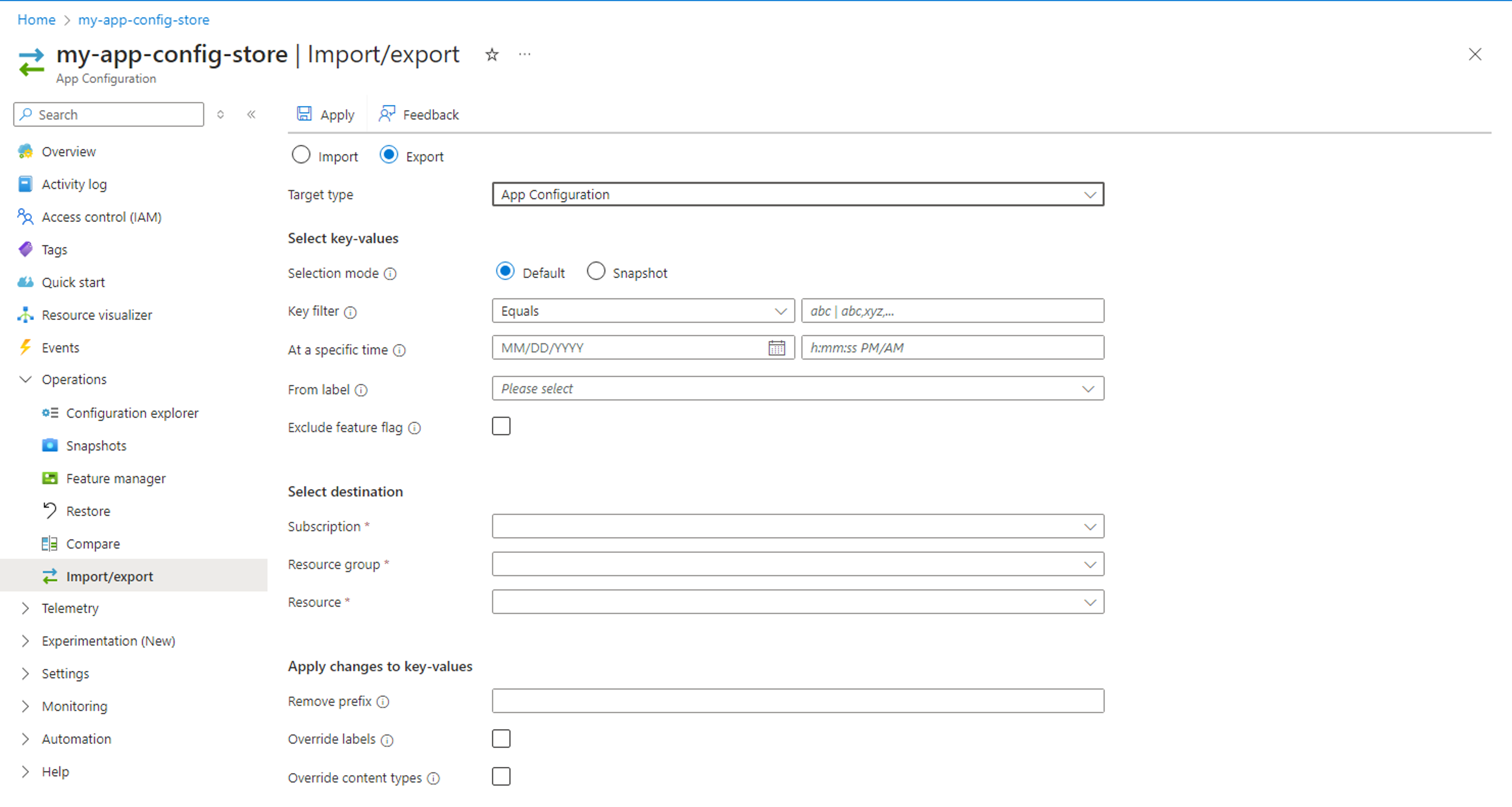 Screenshot of the Azure portal, exporting from an App Configuration store.