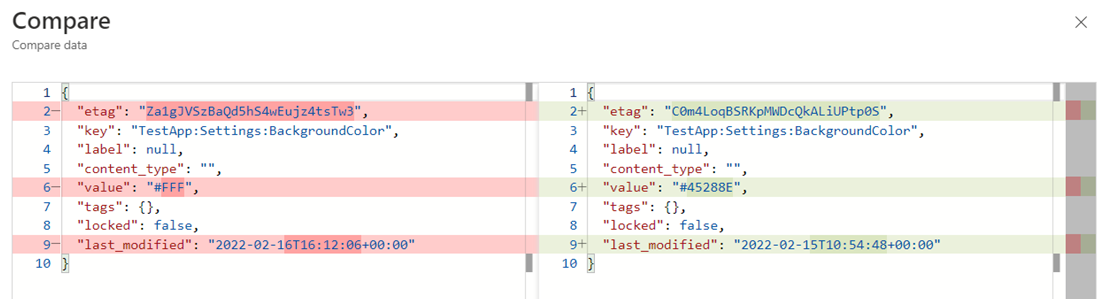 Screenshot of the Azure portal with compared keys-values