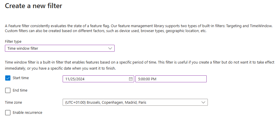 Screenshot of the Azure portal showing time window feature filter configuration.