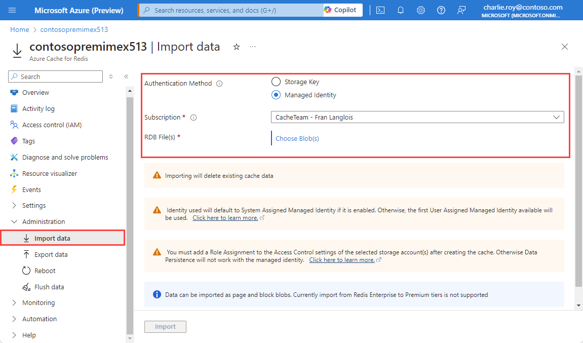 Screenshot showing Import data selected in the Resource menu.