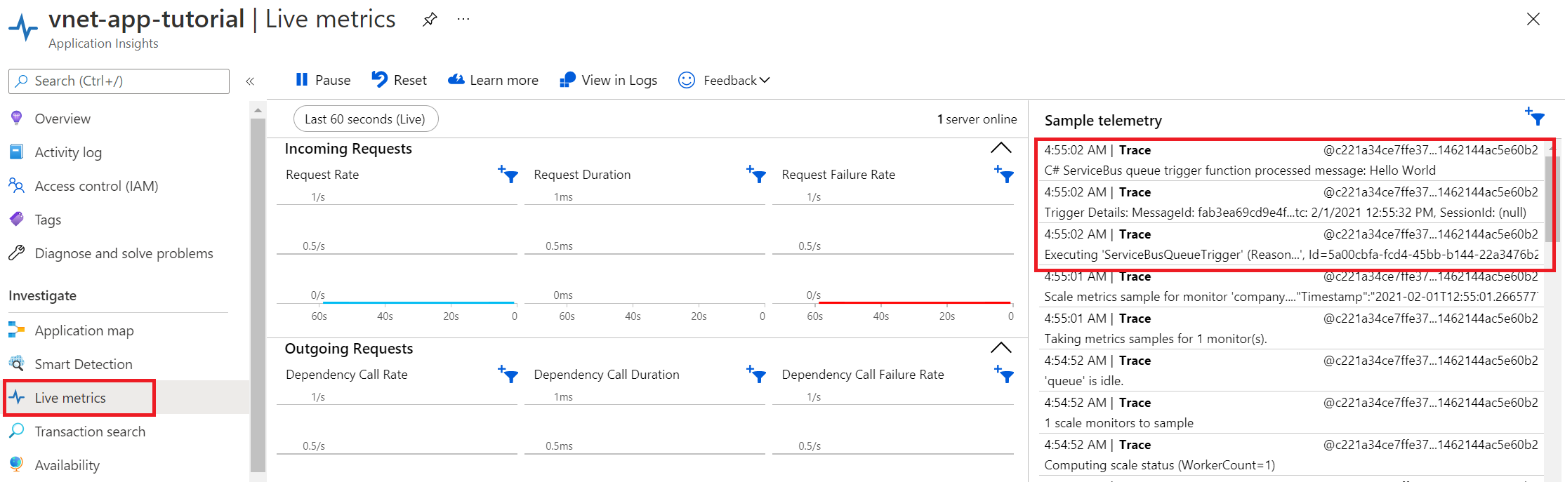 Screenshot of how to view messages by using live metrics for function apps.