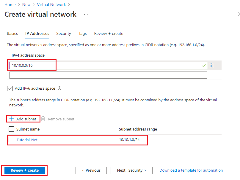 IP Addresses tab for creating a vnet