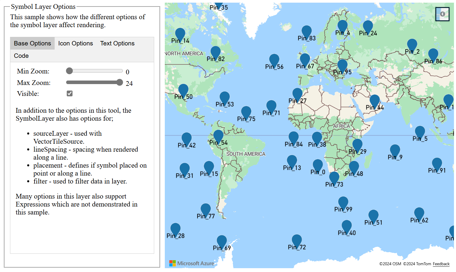 A screenshot of map with a panel on the left side of the map with the various symbol options that can be interactively set.