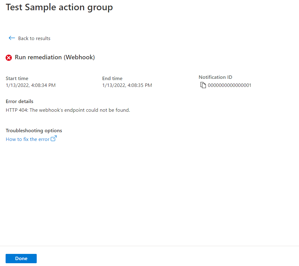 Screenshot that shows the Test sample action group page showing a test that failed.