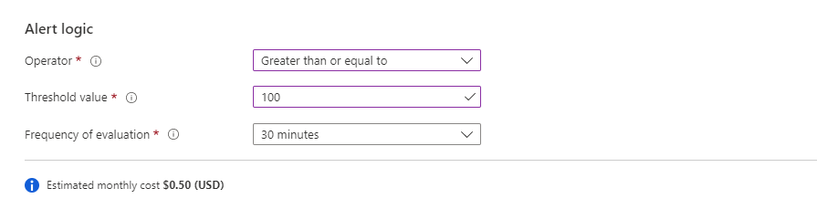 Screenshot that shows the section for alert logic in a new log search alert rule.