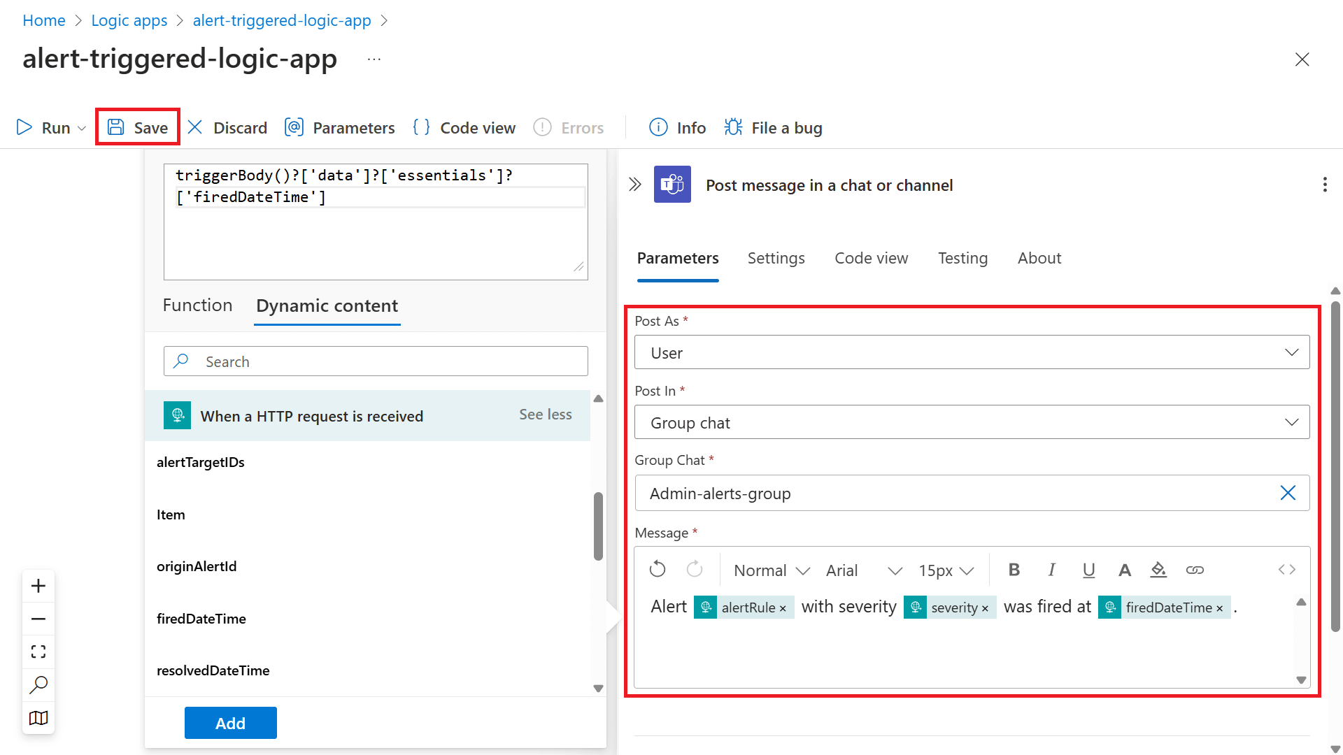 Screenshot that shows the Parameters tab on the Post message in a chat or channel pane.