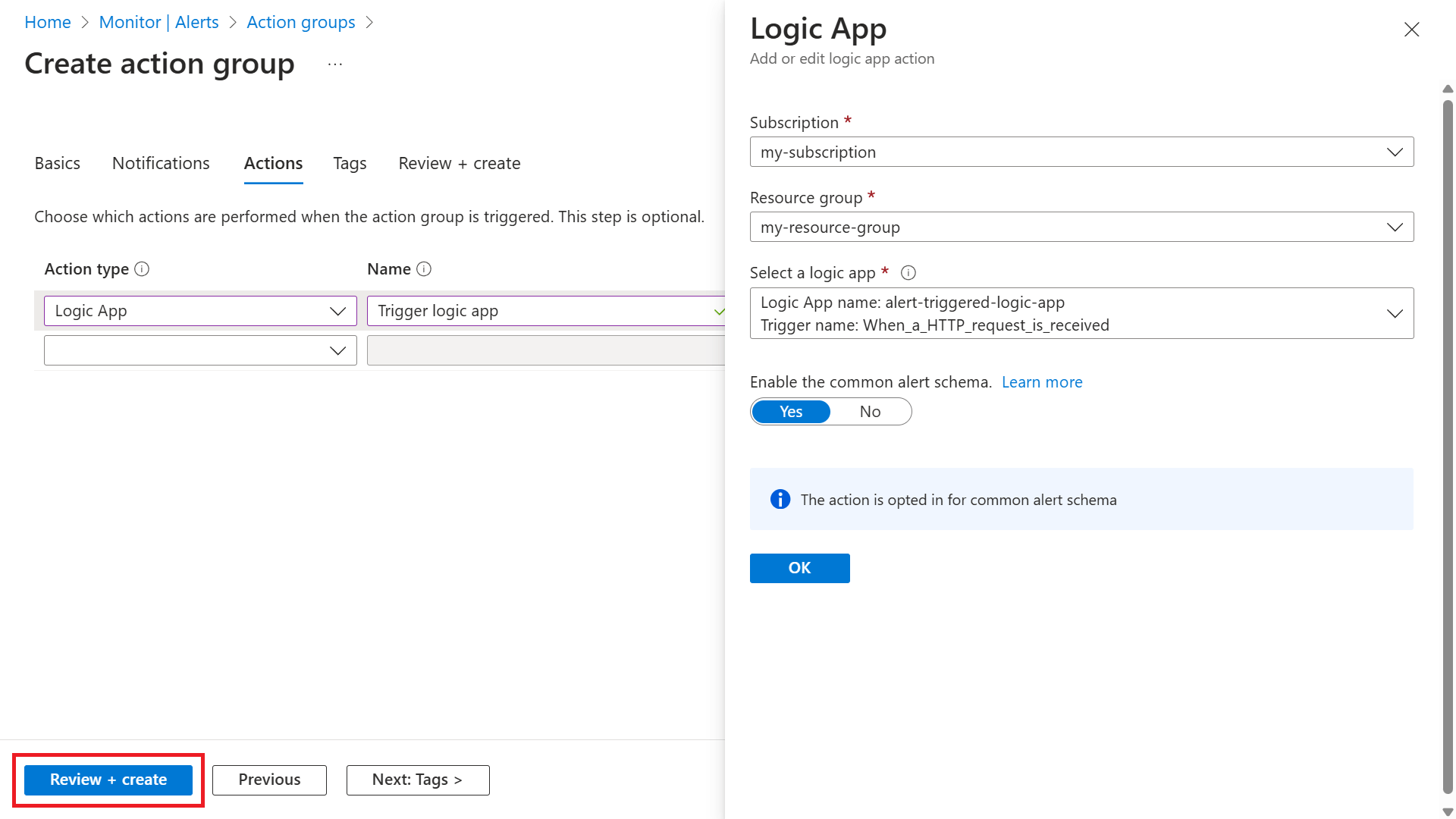 Screenshot that shows the Actions tab on the Create an action group page and the Logic App pane.