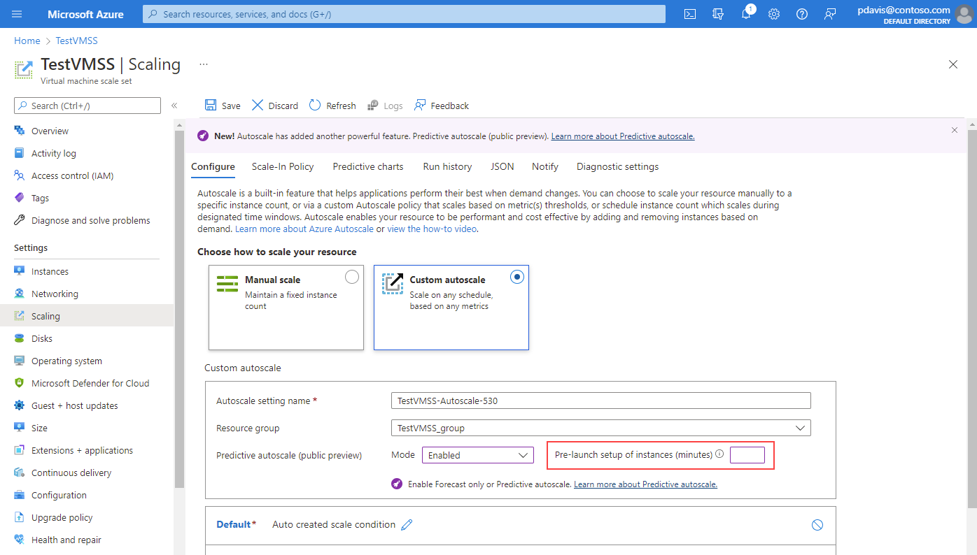 Screenshot that shows predictive autoscale prelaunch setup.