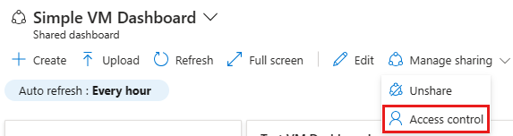 Screenshot showing the Access control option for an Azure portal dashboard.