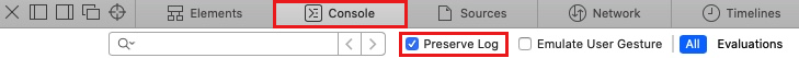 Screenshot that shows the Preserve Log on the Console tab.