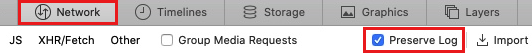 Screenshot that shows the Preserve Log option on the Network tab.