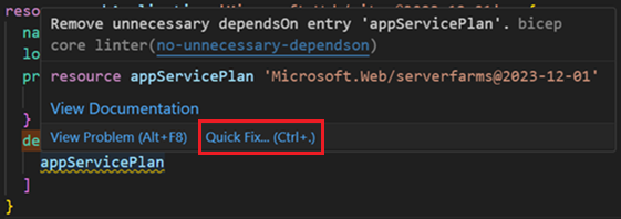 A screenshot of using Quick Fix for the no-unnecessary-dependson linter rule.