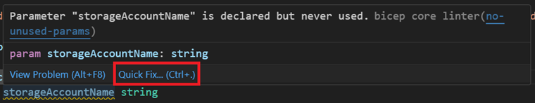 A screenshot of using Quick Fix for the no-unused-parameters linter rule.