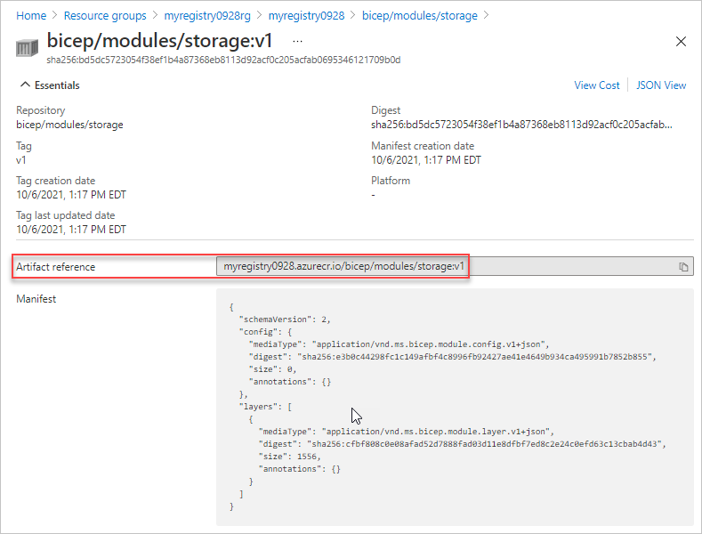 Bicep module registry artifact reference