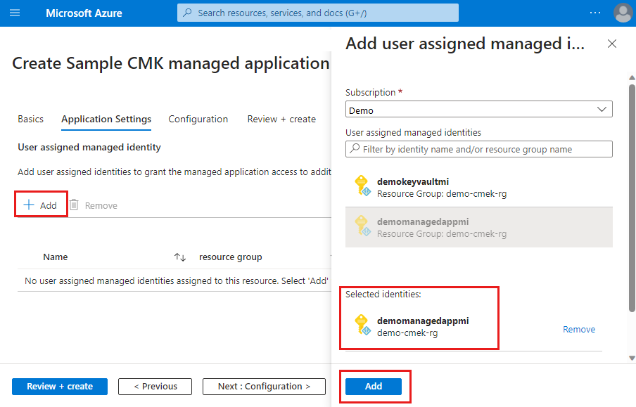 Screenshot of the Application Settings tab to add a user-assigned managed identity.