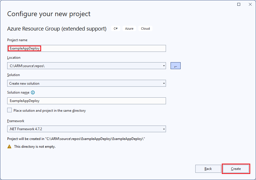 Screenshot of the project naming window in Visual Studio.