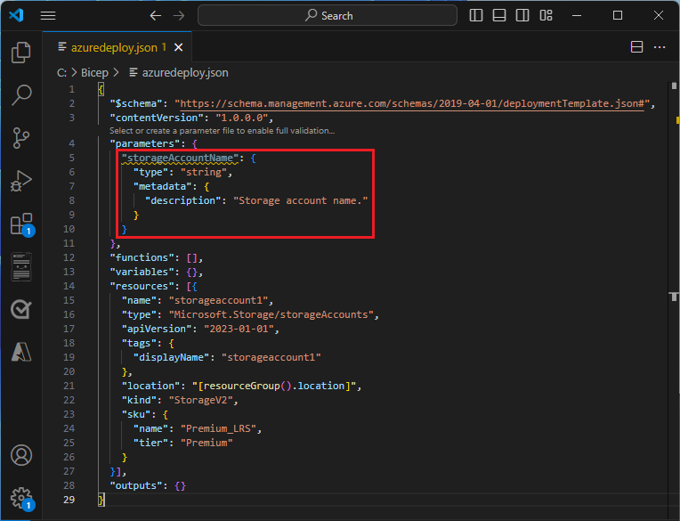 Screenshot showing the completed parameter in an ARM template.