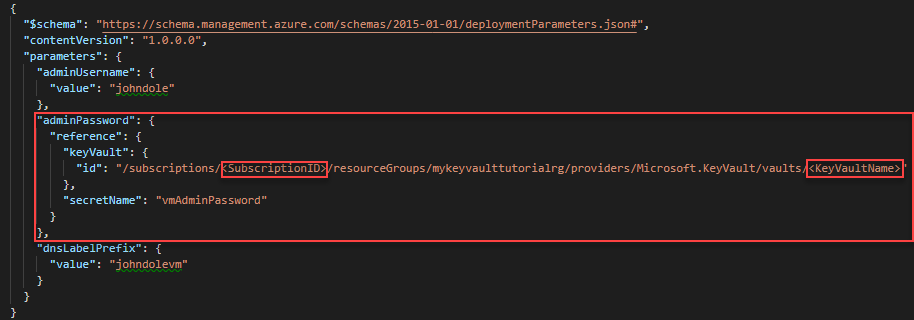 Integrate key vault and Resource Manager template virtual machine deployment parameters file