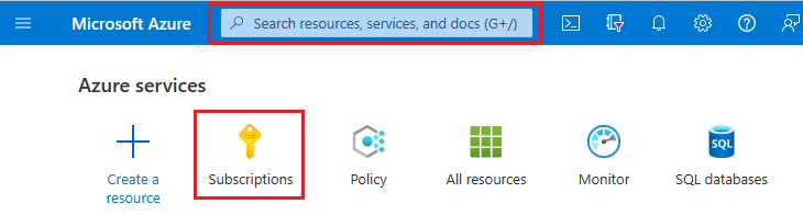 Screenshot of the Azure portal with search box and Subscriptions highlighted.