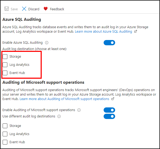 Screenshot that shows the storage options for Auditing.