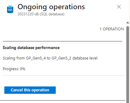 Screenshot from the Azure portal showing the Ongoing operations page and the cancel this operation button.