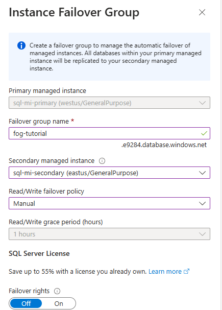 Screenshot to create failover group in Azure portal.