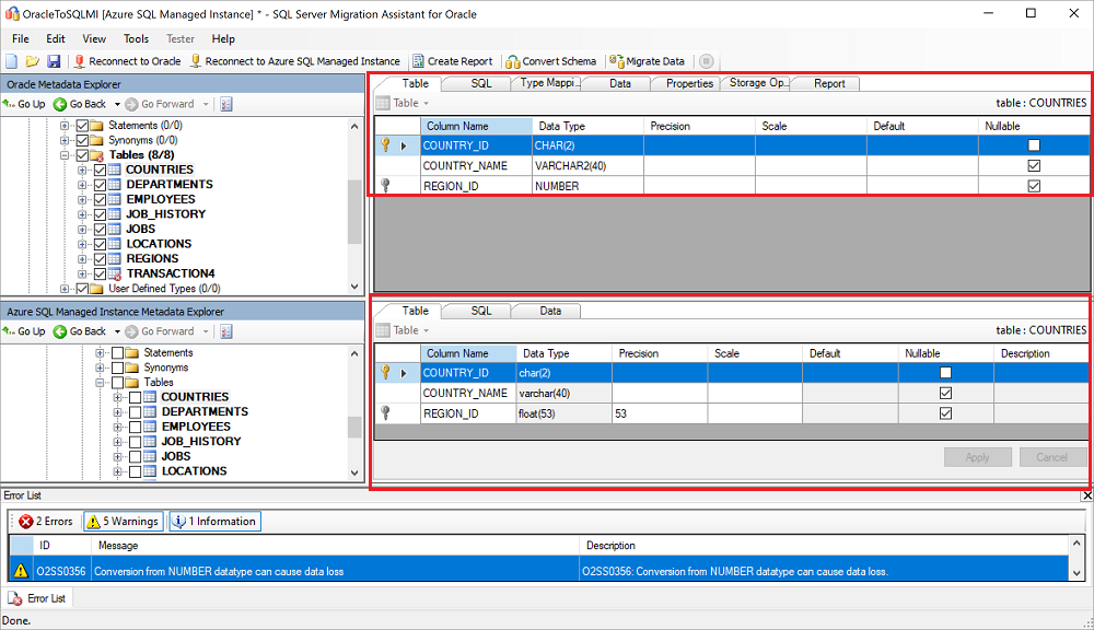 Screenshot that shows comparing table recommendations.