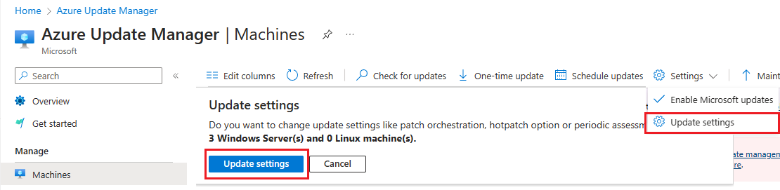 Screenshot of the Azure Update Manager center page with update settings highlighted in the Azure portal. 