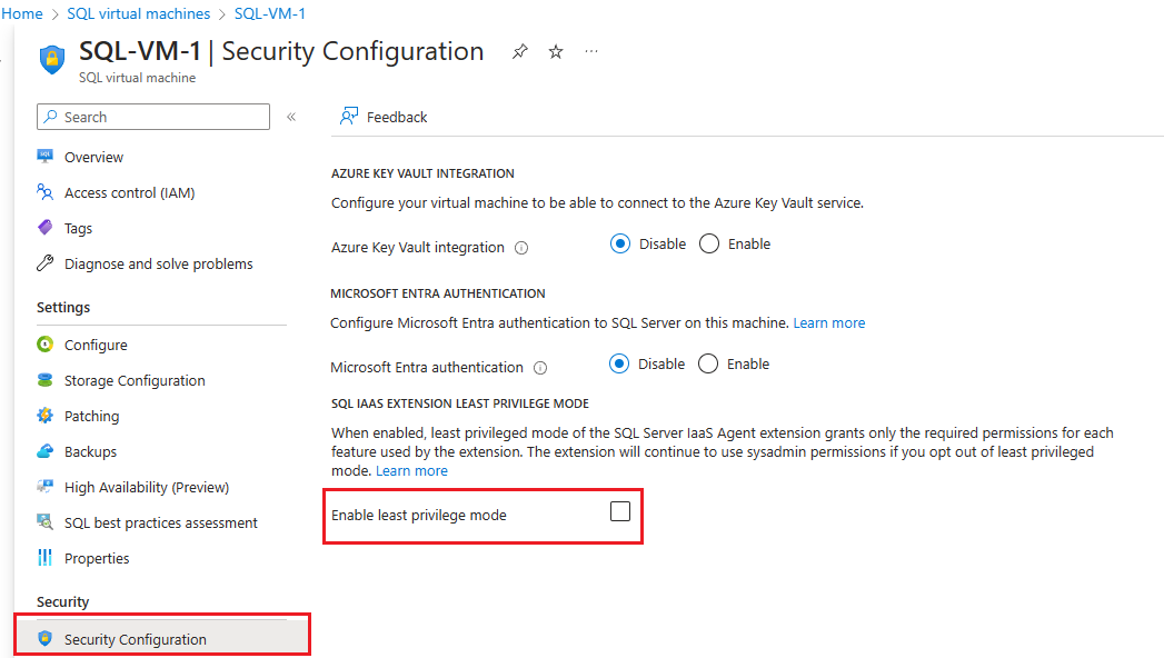 Screenshot of the Azure portal SQL virtual machines resource, Security Configuration page, enable least privilege highlighted.