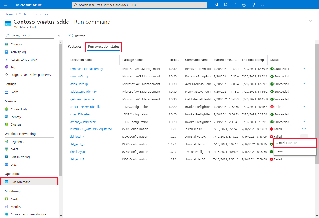 Screenshot showing how to cancel and delete a run command using the ellipsis.